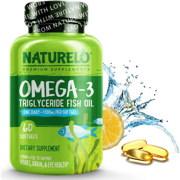 NATURELO Omega-3 Fish Oil Supplement, EPA + DHA, 1100mg Triglyceride Omega-3 per Gel, for Heart, Eye, Brain, Joint Health, No Burps, Lemon Flavor, 60 Softgels