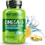 NATURELO Omega-3 Fish Oil Supplement, EPA + DHA, 1100mg Triglyceride Omega-3 per Gel, for Heart, Eye, Brain, Joint Health, No Burps, Lemon Flavor, 60 Softgels