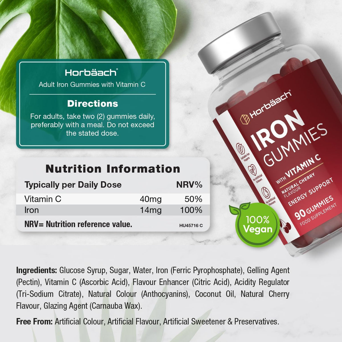 Horbaach Adult Iron gummies with vitamin c Boosts Energy Levels 90gummies natural cherry flavour