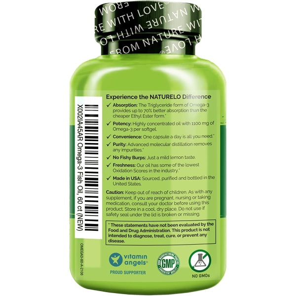 NATURELO Omega-3 Fish Oil Supplement, EPA + DHA, 1100mg Triglyceride Omega-3 per Gel, for Heart, Eye, Brain, Joint Health, No Burps, Lemon Flavor, 60 Softgels