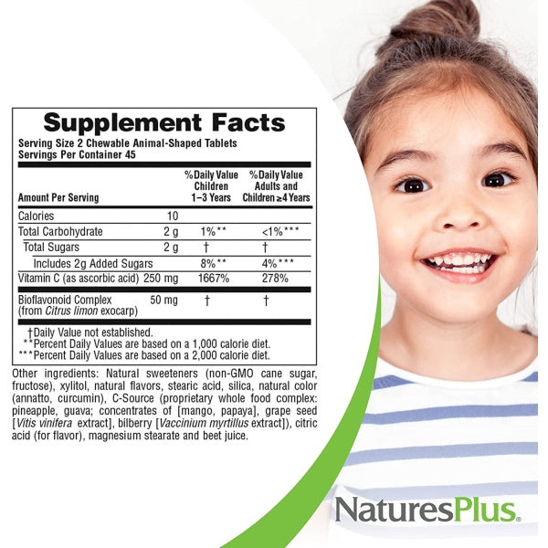 NaturesPlus Animal Parade Vitamin C, Children’s Chewable – Natural Orange Juice Flavor, 90 Animal-Shaped Tablets