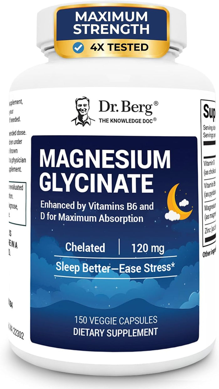 Dr Berg Magnesium Glycinate Enhanced by Vitamin B6 & D For Stress Relief, Calm, Relaxation, & Good Sleep 120mg 150 Veg Caps