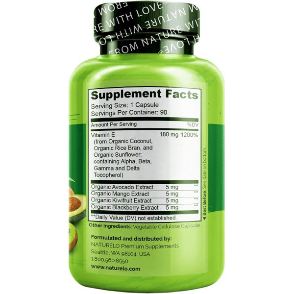 NATURELO Vitamin E, 180 mg (300 IU) of Natural Mixed Tocopherols, Supplement for Healthy Skin, Hair, Nails, Immune & Eye Health, 90 Vegan Capsules
