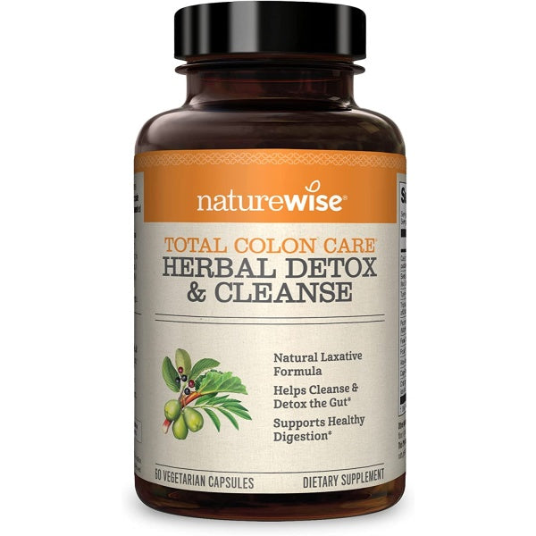NatureWise Total Colon Care, Herbal Detox & Cleanse, Natural Colon Cleanser Herb & Fiber Blend for Constipation Relief, Toxin Rid, Gut Health, & Weight Loss Support, 60 Capsules