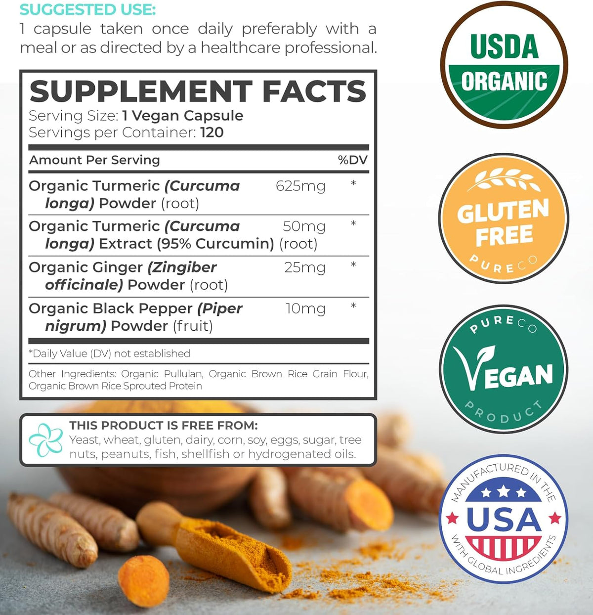 PureCo Organic Turmeric With Ginger & Black pepper with curcumin 95% 60 caps
