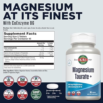 Kal Magnesium Taurate + 400 mg with Coenzyme B-6 90 Tablets