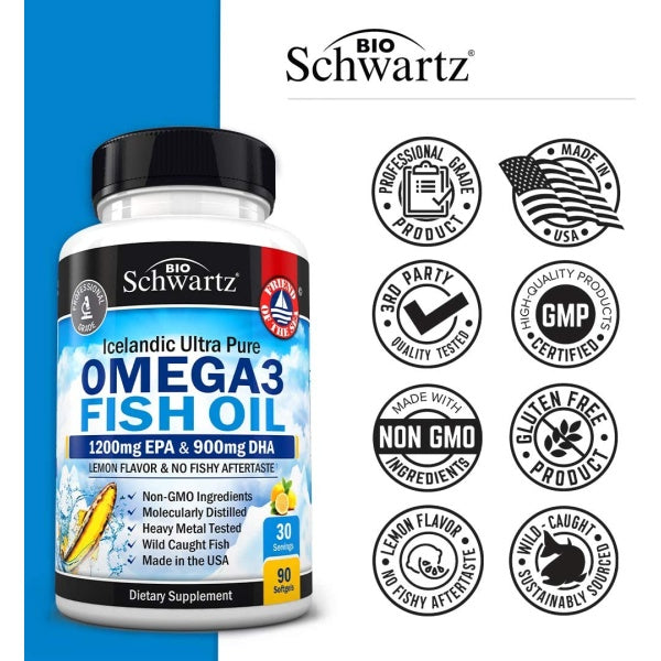 Bioschwartz Fish Oil Omega 3, 1200 mg EPA & DHA 900 mg, Lemon flavor Supports Joint, Eyes, Brain & Skin Health 90 Softgels