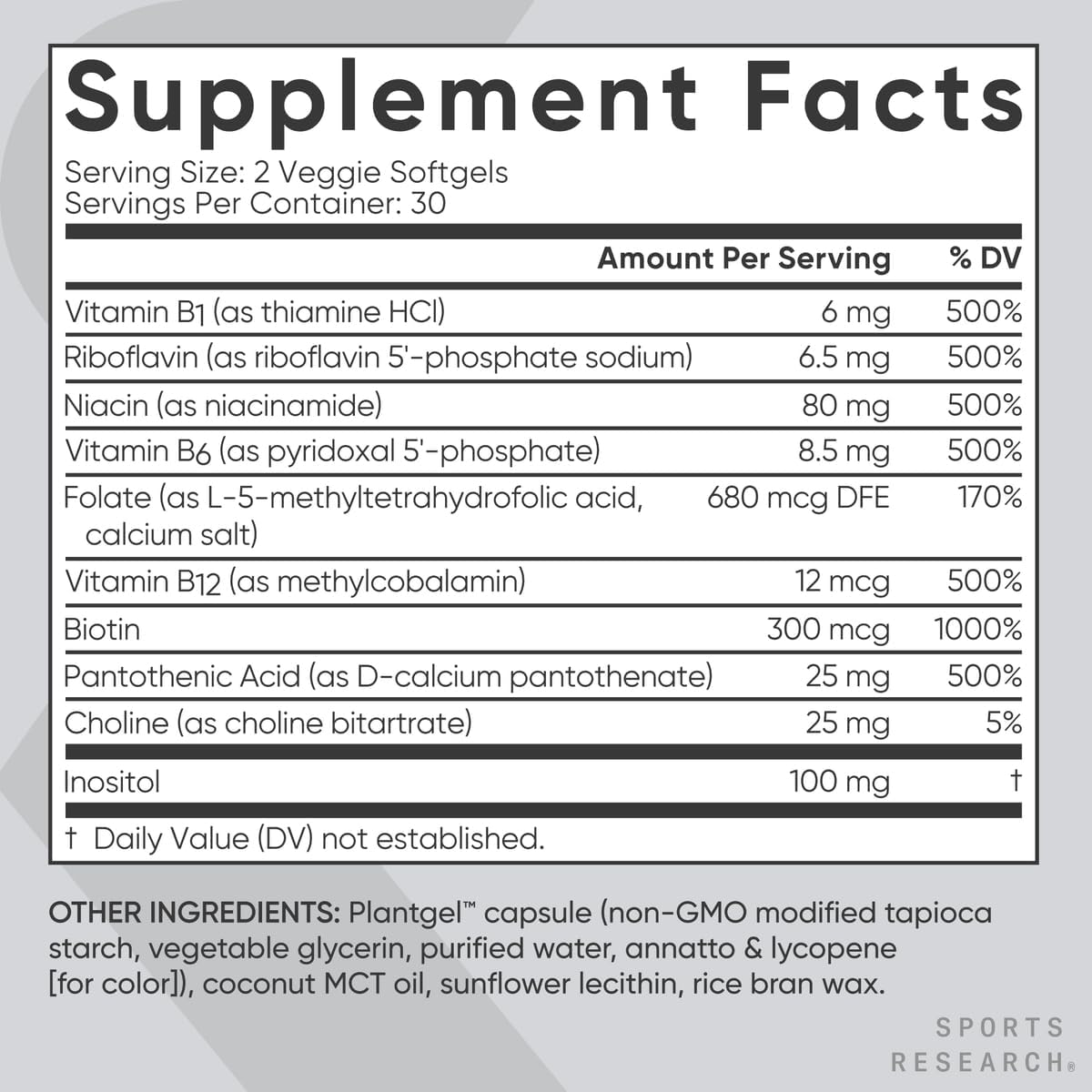 Sports Research sr vitamin B Complex Natural Energy Boost & Nervous System Support 60 Veg Caps