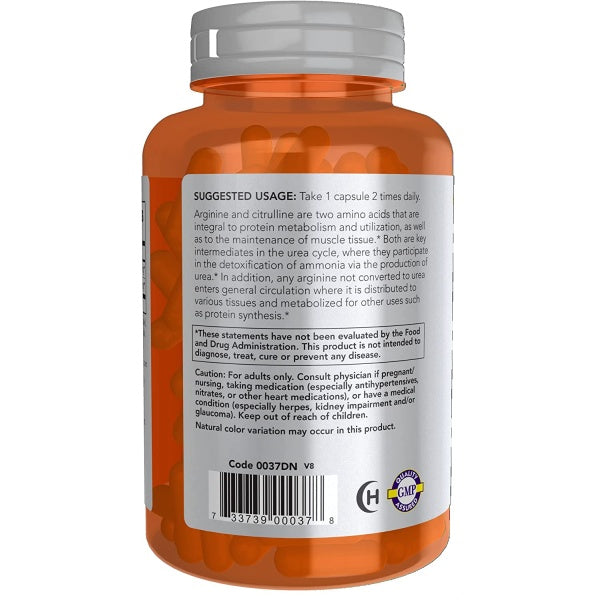 NOW Sports Arginine & Citrulline, 500 mg / 250 mg, Amino Acids, for Protein Metabolism and Muscle Maintenance, 120 Veg Capsules