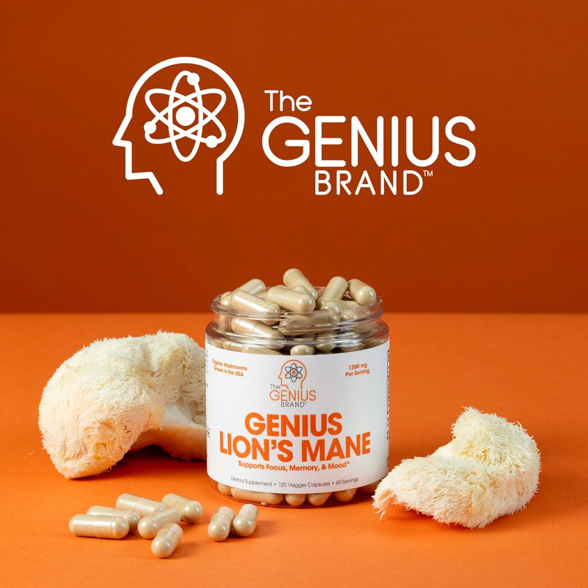 The Genius Brand Genius Lions Mane Support Foucs & Memory & Mood 120 Veg Caps
