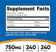 Nutricost L Arginine + L Citrulline 750mg 240 Caps