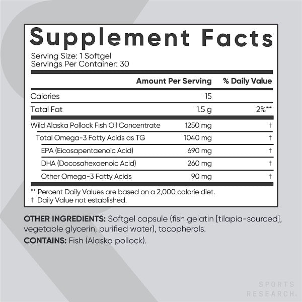 Sports Research sr Triple Strength Omega 3 Fish Oil – Heart, Brain & Immune Support for Men & Women – 1250 mg, 30 softgels