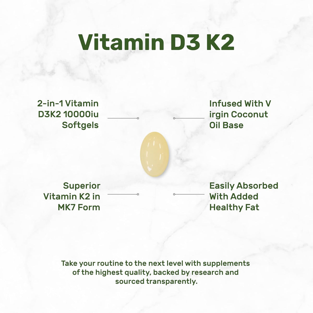 Deal Supplement Vitamin D3+K2 With Coconut Oil 10000 IU Vitamin D3 200mcg Vitamin K2 250 Softgels