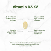 Deal Supplement Vitamin D3+K2 With Coconut Oil 10000 IU Vitamin D3 200mcg Vitamin K2 250 Softgels