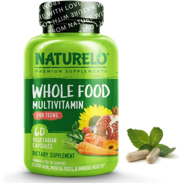 NATURELO Whole Food Multivitamin for Teens, Support Clear Skin, Mental focus, Immune Health, 60 Vegetarian Capsules