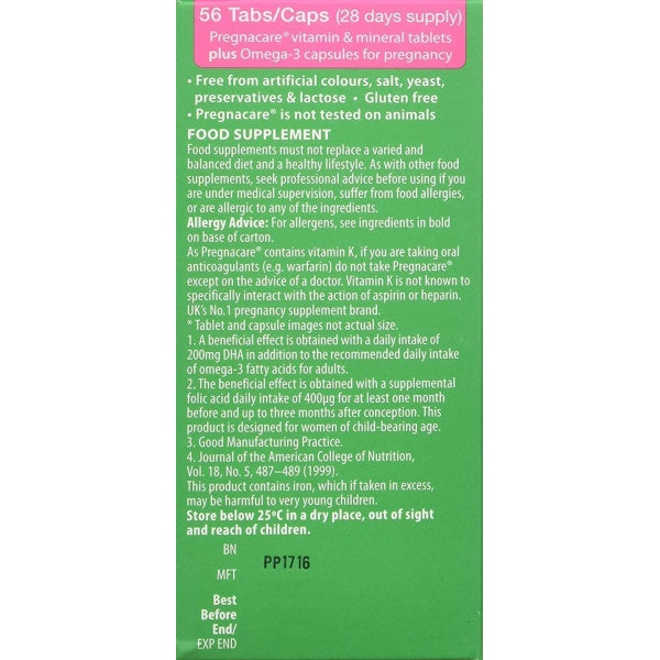 Provides all the benefits of the Pregnacare Original multivitamin tablet – which contains essential nutrients for pregnancy, plus an Omega-3 capsule to provide a rich source of DHA which contributes to normal brain and eye development of the foetus