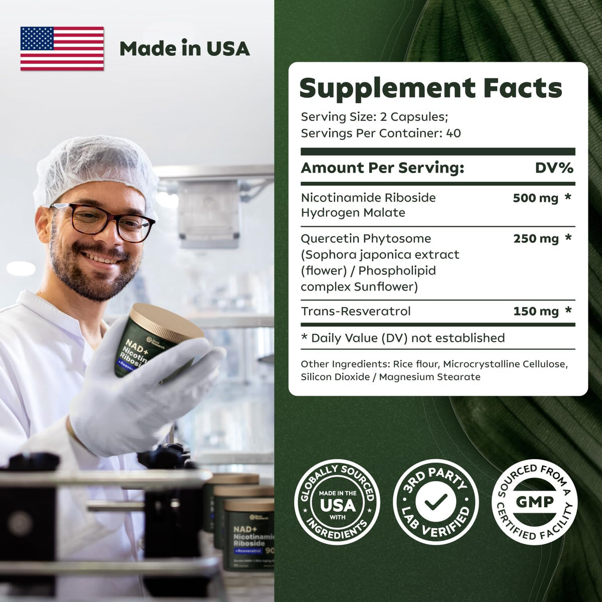 Reus Research NAD+ Nicotinamide Riboside 900mg + Resveratrol - Energy Support, Fight Aging, Support Heart, Brain, Hair, Skin, & Nails 80 capsules