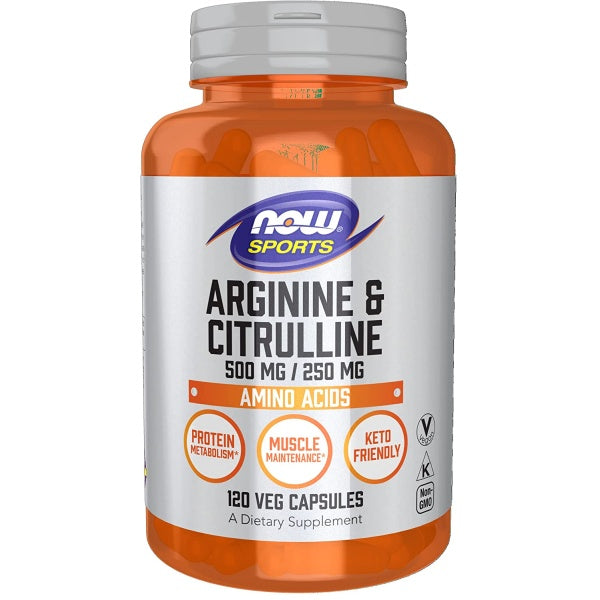 NOW Sports Arginine & Citrulline, 500 mg / 250 mg, Amino Acids, for Protein Metabolism and Muscle Maintenance, 120 Veg Capsules