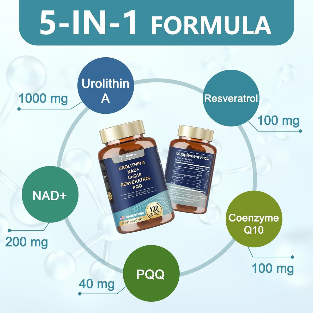 Totaria Urolithin A , NAD+ , CoQ10, Resveratrol & PQQ 120softgels