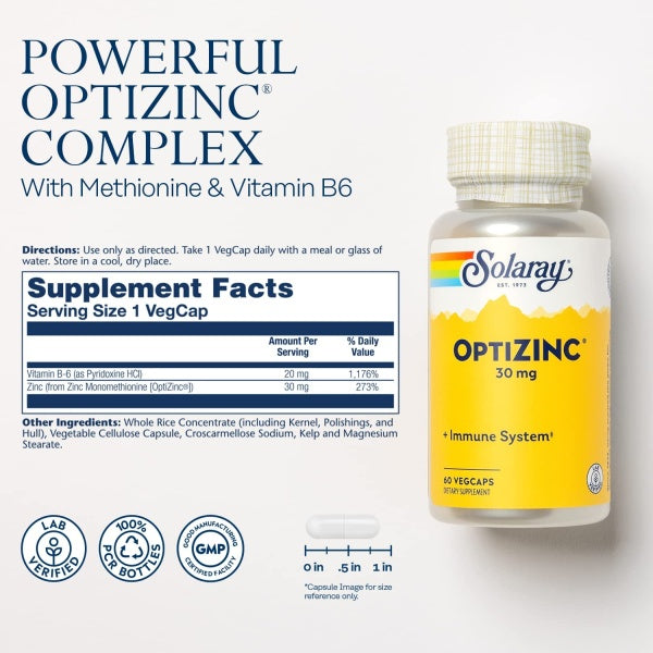 Solaray OptiZinc 30mg, Immune Support Supplement, Endocrine Systems & Cellular Health Support, 60 VegCaps