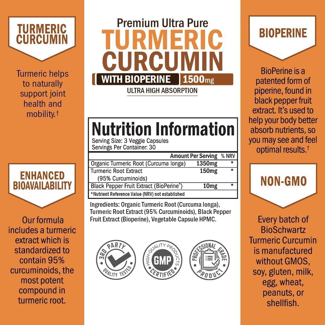 BioSchwartz Turmeric Curcumin with BioPerine 1500mg, Natural Joint & Muscle Support with Black Pepper Extract for Ultra High Absorption 90 Veg Caps