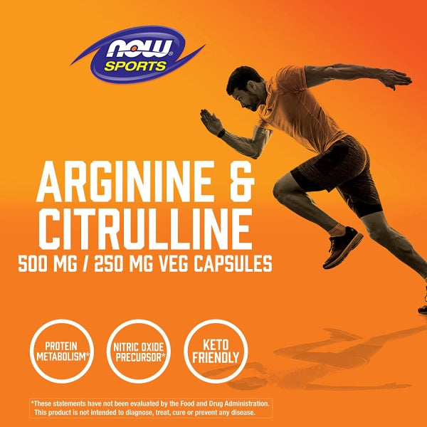 NOW Sports Arginine & Citrulline, 500 mg / 250 mg, Amino Acids, for Protein Metabolism and Muscle Maintenance, 120 Veg Capsules