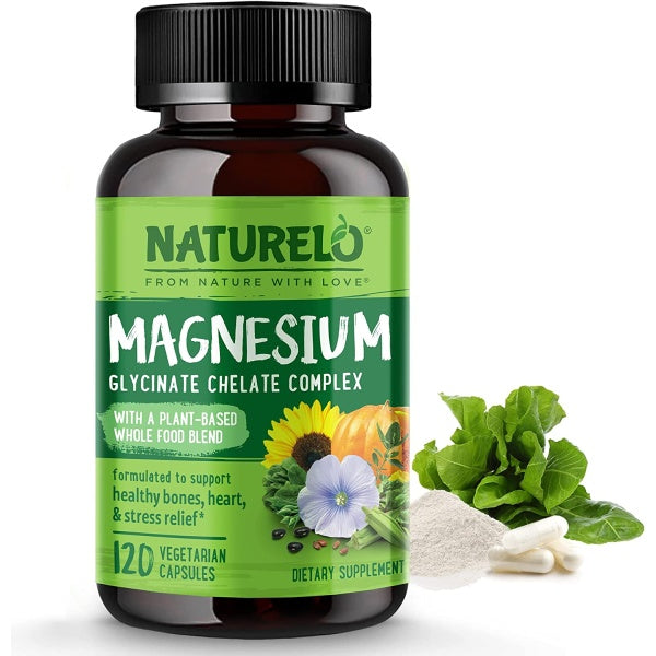 NATURELO Magnesium Glycinate Chelate Complex, 200mg Magnesium with Organic Vegetables to Support Sleep, Calm, Muscle Cramp & Stress Relief, 120 Capsules
