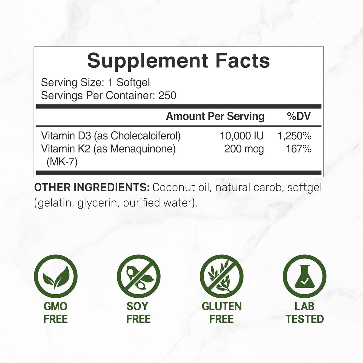 Deal Supplement Vitamin D3+K2 With Coconut Oil 10000 IU Vitamin D3 200mcg Vitamin K2 250 Softgels