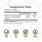 Deal Supplement Vitamin D3+K2 With Coconut Oil 10000 IU Vitamin D3 200mcg Vitamin K2 250 Softgels