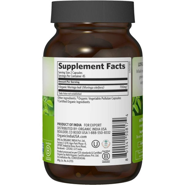 ORGANIC INDIA Moringa, Herbal Supplement, Vitamin A, E, K, Iron, Calcium & Fiber, 90 Capsules