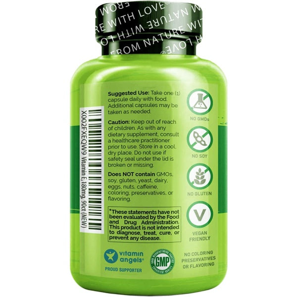 NATURELO Vitamin E, 180 mg (300 IU) of Natural Mixed Tocopherols, Supplement for Healthy Skin, Hair, Nails, Immune & Eye Health, 90 Vegan Capsules