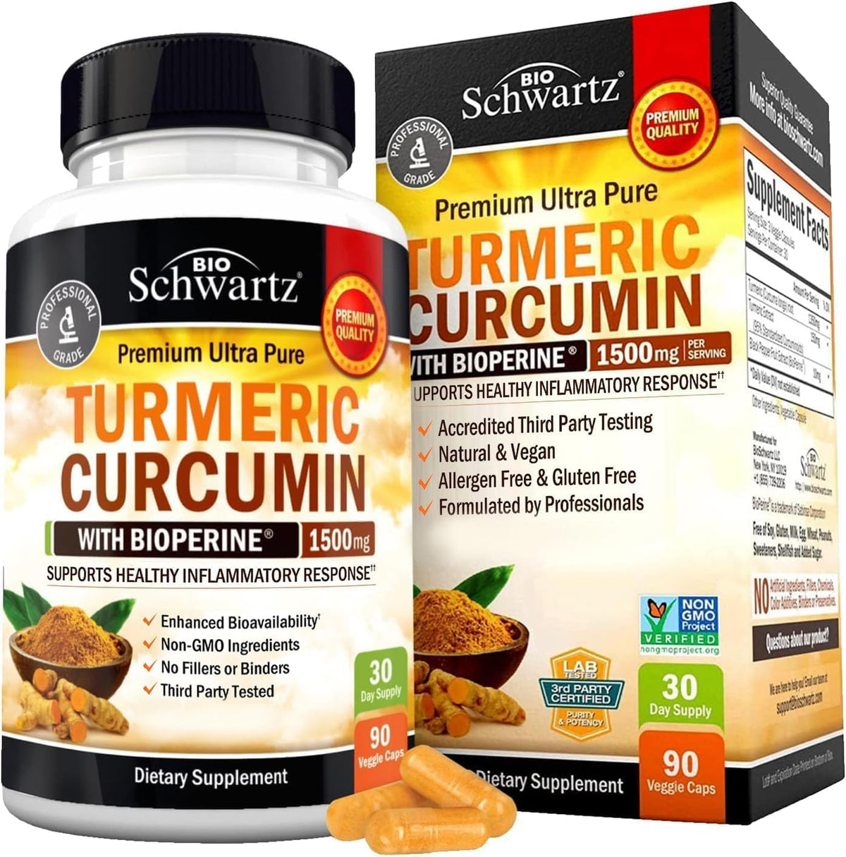 BioSchwartz Turmeric Curcumin with BioPerine 1500mg, Natural Joint & Muscle Support with Black Pepper Extract for Ultra High Absorption 90 Veg Caps