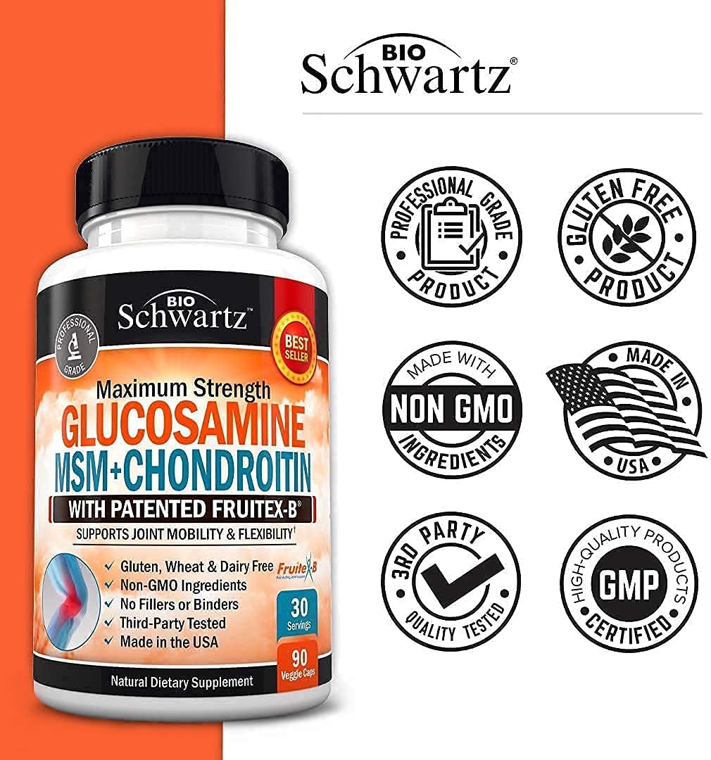BioSchwartz Glucosamine with MSM & Chondroitin with Fruitex-B, Boswellia Extract and Curcumin Supports Cartilage health & Joint flexibility 90 capsules