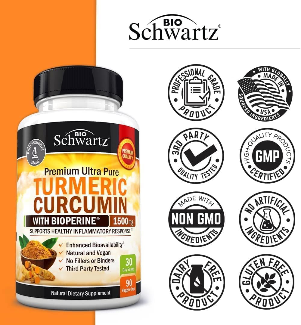BioSchwartz Turmeric Curcumin with BioPerine 1500mg, Natural Joint & Muscle Support with Black Pepper Extract for Ultra High Absorption 90 Veg Caps