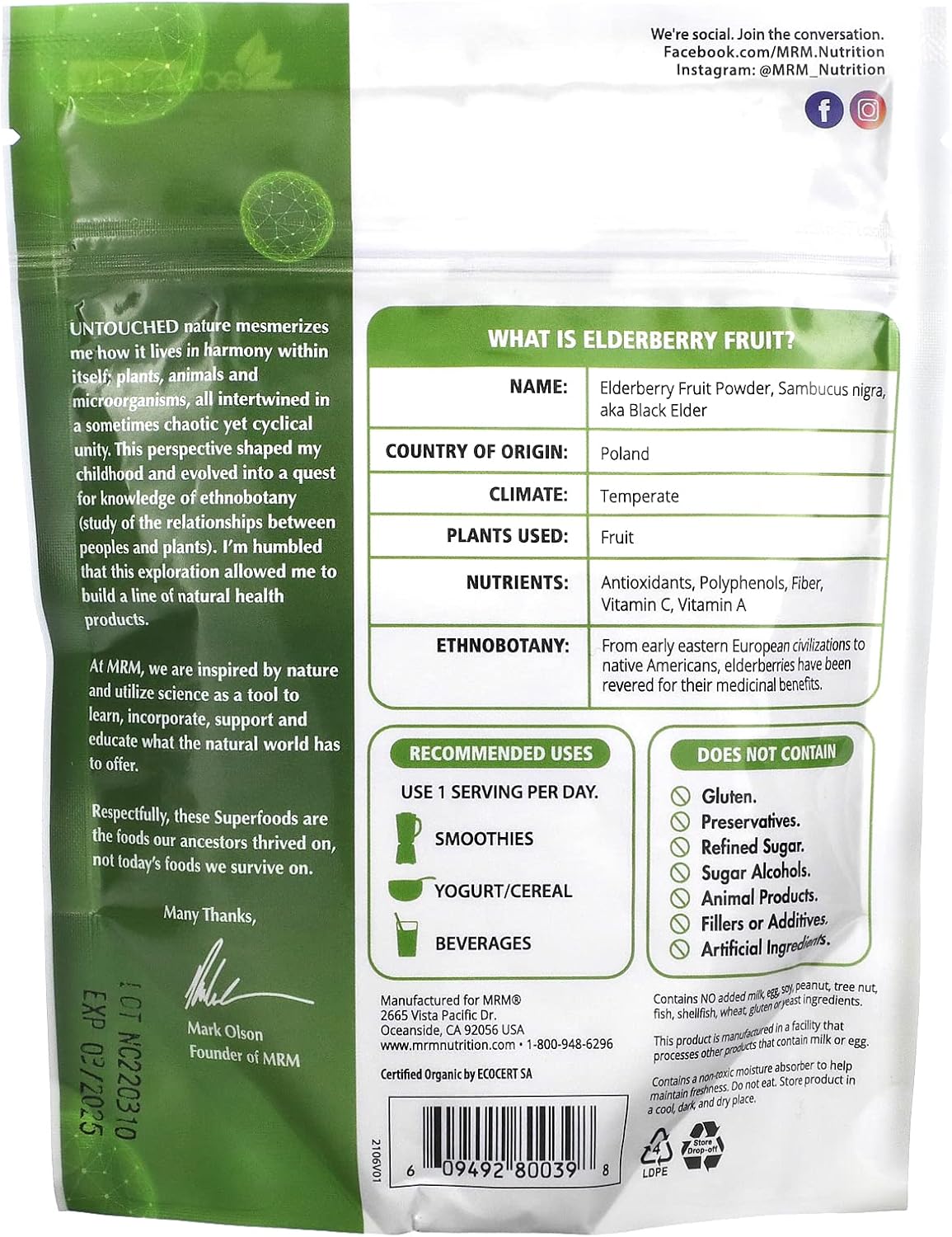 MRM Superfoods Organic Elderberry Fruit Powder Immune & Respiratory Health Support, Natural Energy Boost & Rich in Antioxidants 113g Immune Superberry