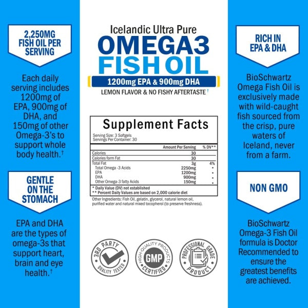 Bioschwartz Fish Oil Omega 3, 1200 mg EPA & DHA 900 mg, Lemon flavor Supports Joint, Eyes, Brain & Skin Health 90 Softgels