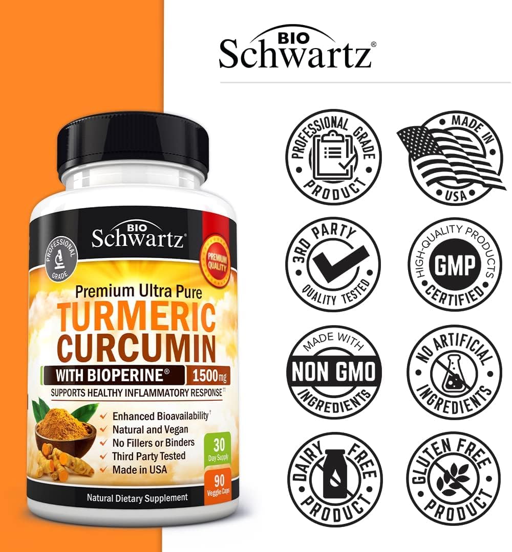 BioSchwartz Turmeric Curcumin with BioPerine 1500mg, Natural Joint & Muscle Support with Black Pepper Extract for Ultra High Absorption 90 Veg Caps