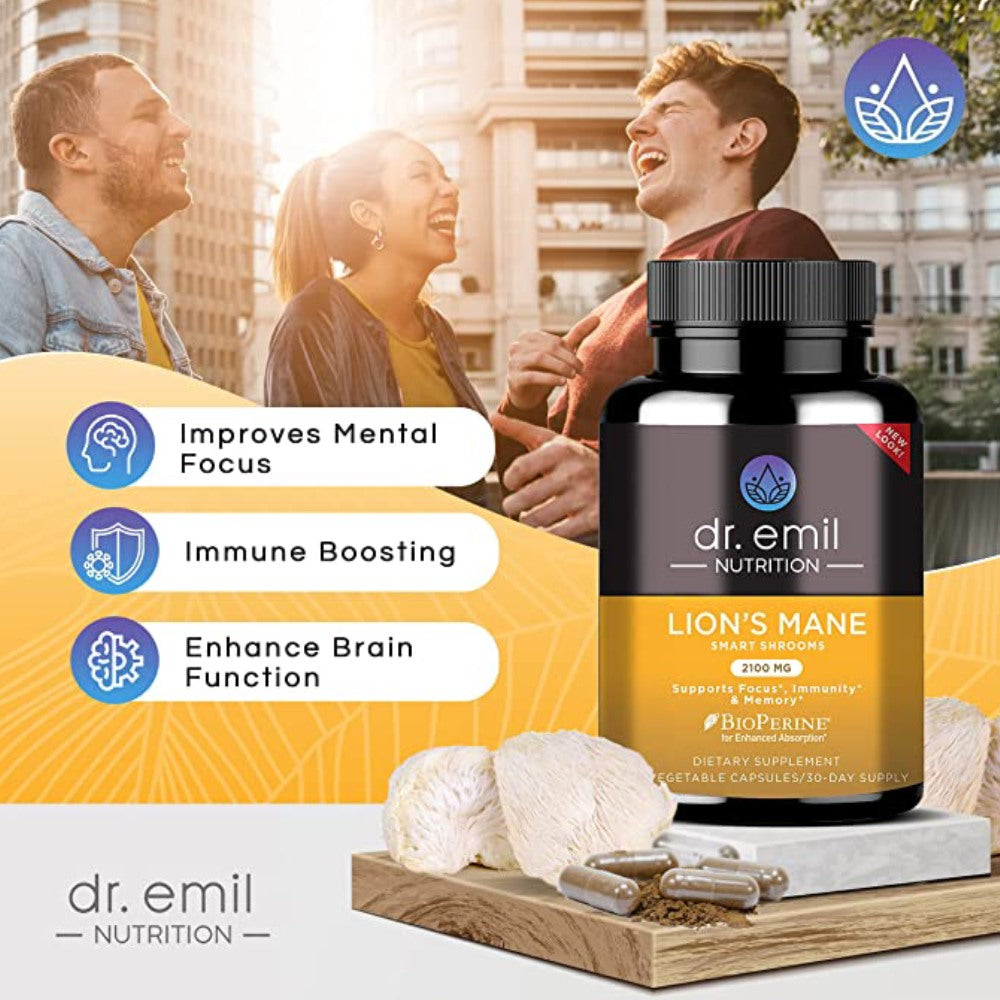 Dr Emil Nutrition Lions Mane, Organic Mushroom, 2100mg, Supplement for Mental Clarity, Focus & Cognitive Support, Brain Boosting 90 Vegetable Capsules