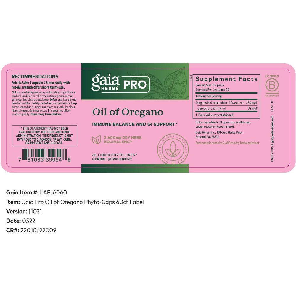 Gaia Herbs Oil of Oregano, Maintain a healthy gut 60 Vegan Liquid Phyto-Caps