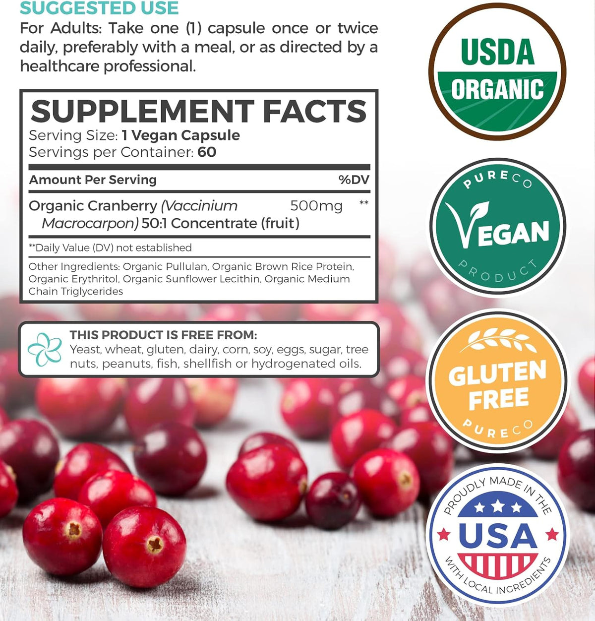 PureCo Organic Cranberry 25,000mg Supports Urinary Tract Health & Rich in Antioxidants 60 caps