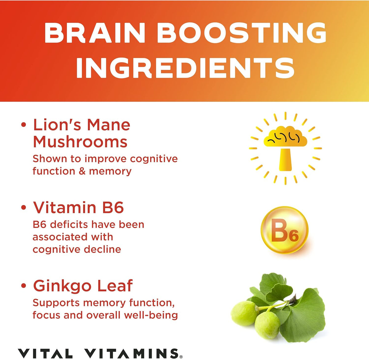 Vital Vitamins for Memory and Focus, Clarity & Brain Support includes Vitamin B12, Gingko Biloba & DMAE 60 capsules