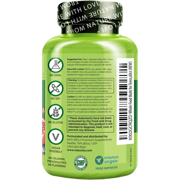 NATURELO Whole Food Multivitamin for Teens, Support Clear Skin, Mental focus, Immune Health, 60 Vegetarian Capsules