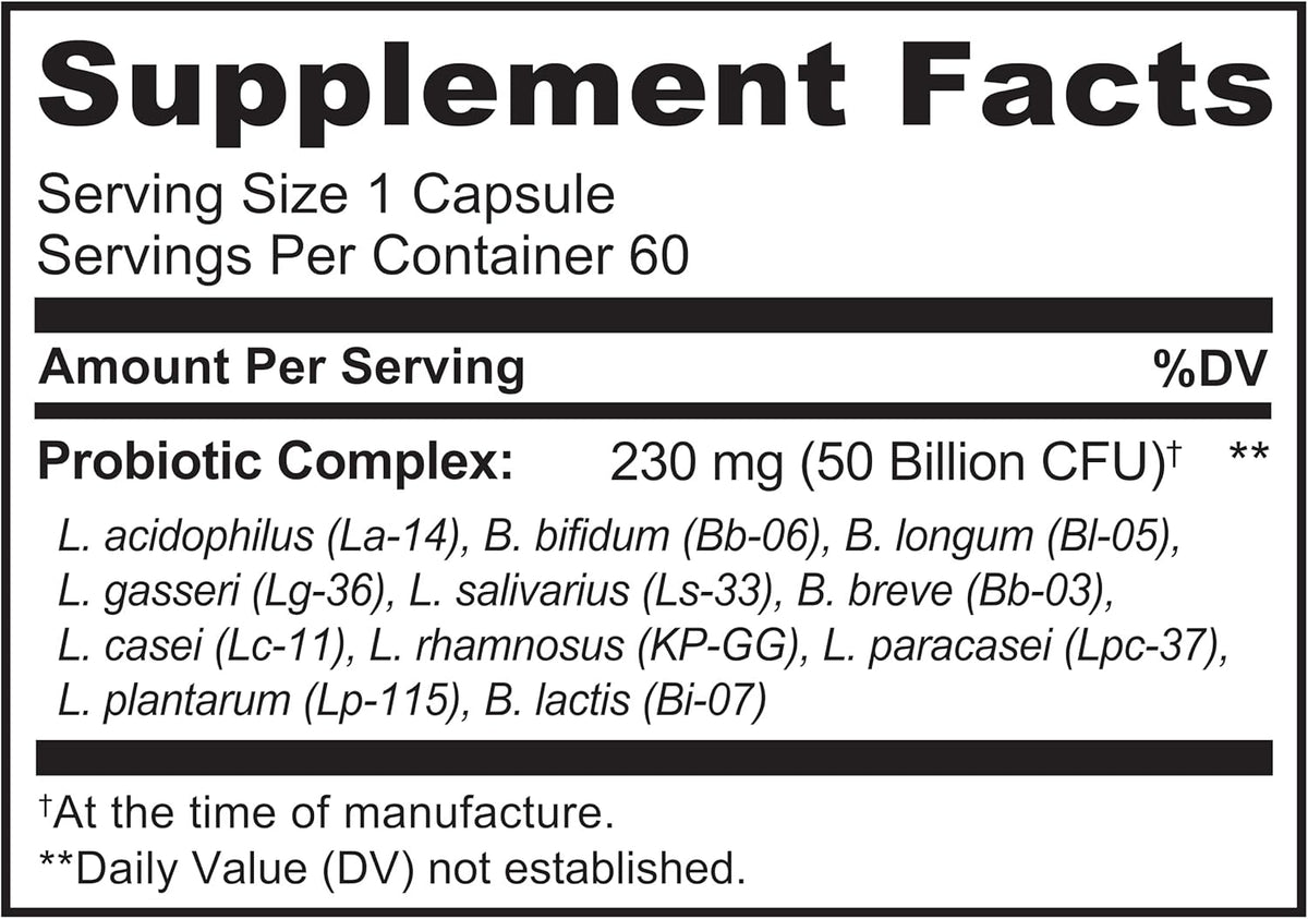 NATURELO, Probiotic, 50 Billion CFU Digestive Health & Balanced Microbiome 60 Delayed Release Capsules