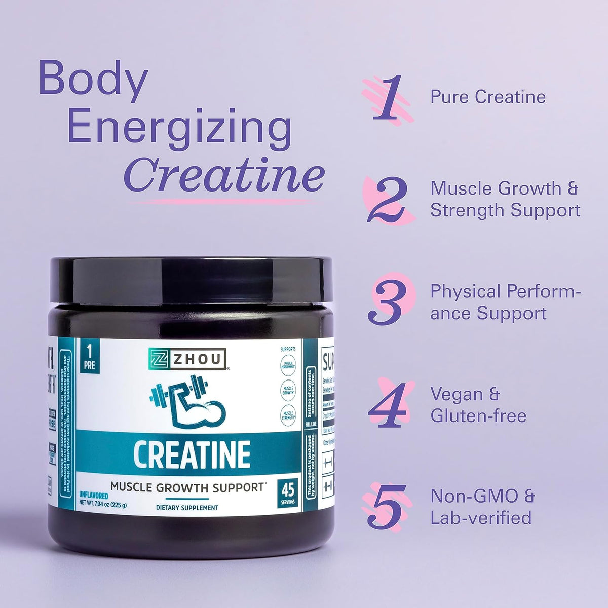 Zhou Creatine muscle growth support 225 grams 45 servings