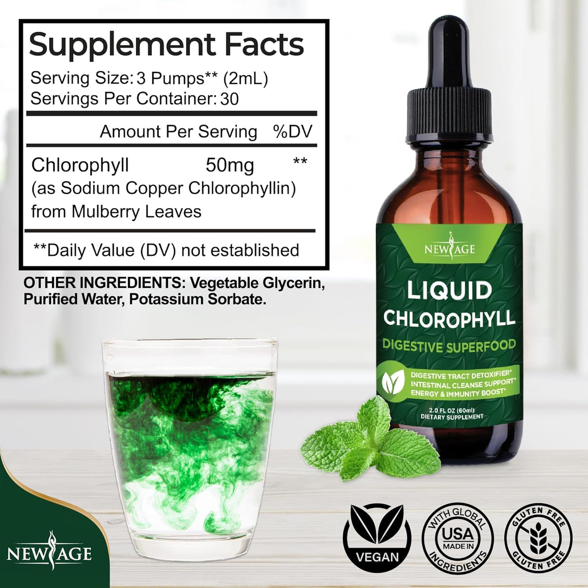 New Age Liquid Chlorophyll Concentrated Drops Internal Deodorant, Detoxifier, Energy Support 60ml