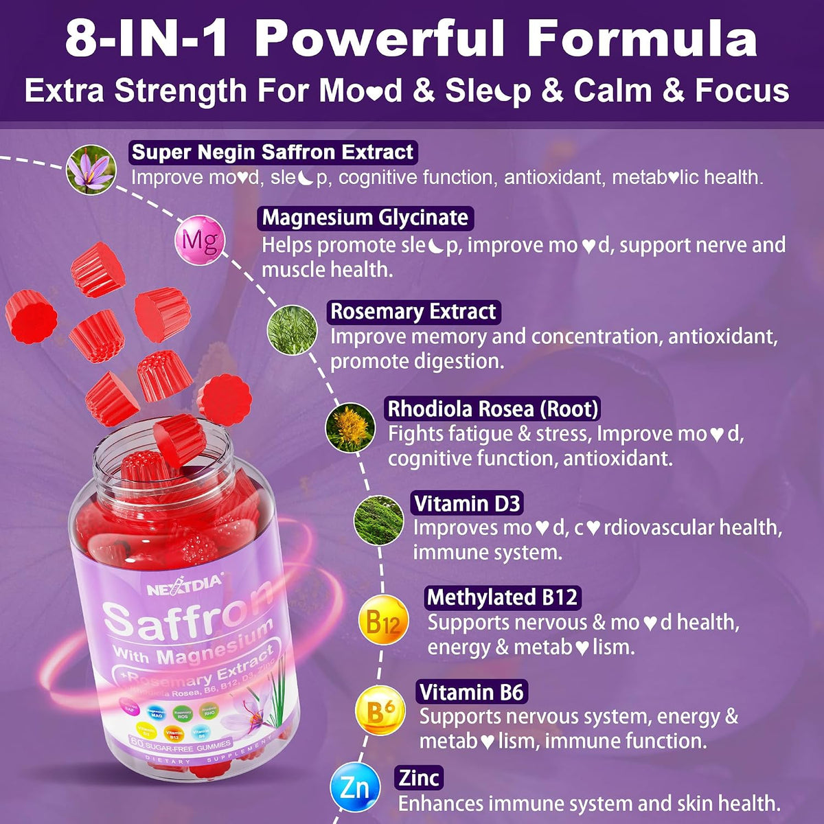 Nextdia Saffron with Magnesium To Support Mood Balance, Relaxation, and Overall Well-Being 60 Gummies