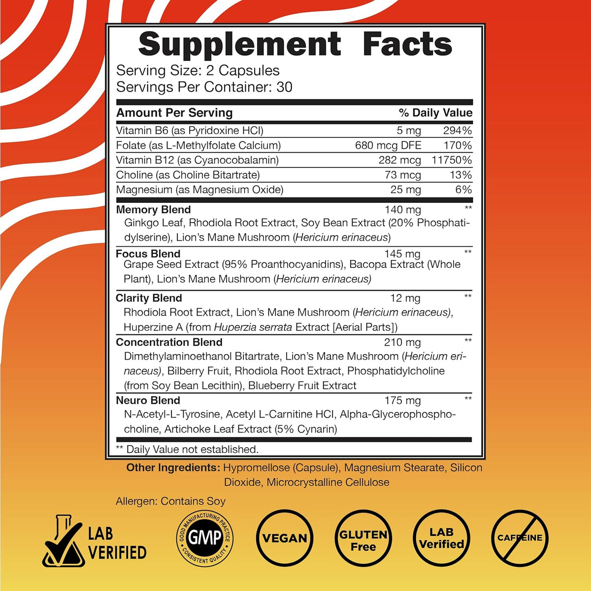 Vital Vitamins for Memory and Focus, Clarity & Brain Support includes Vitamin B12, Gingko Biloba & DMAE 60 capsules