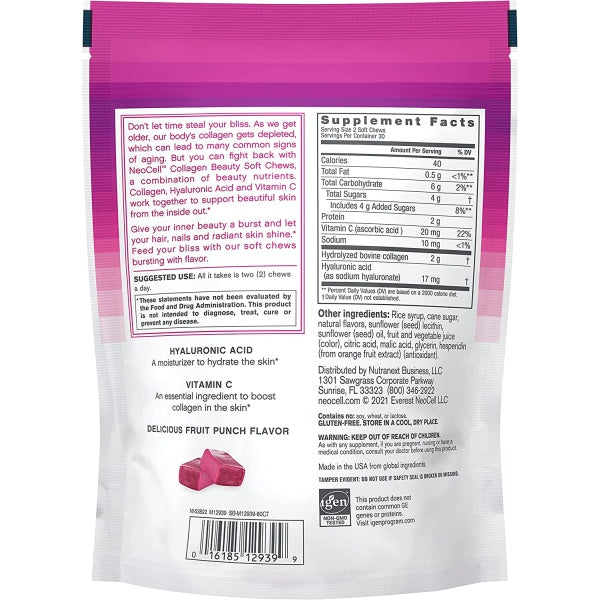 NeoCell Collagen, Beauty Soft Chews, with Vitamin C & Hyaluronic Acid, Supports Hair, Skin, & Nail Health, Collagen Type 1 and 3, 60 Soft Chews