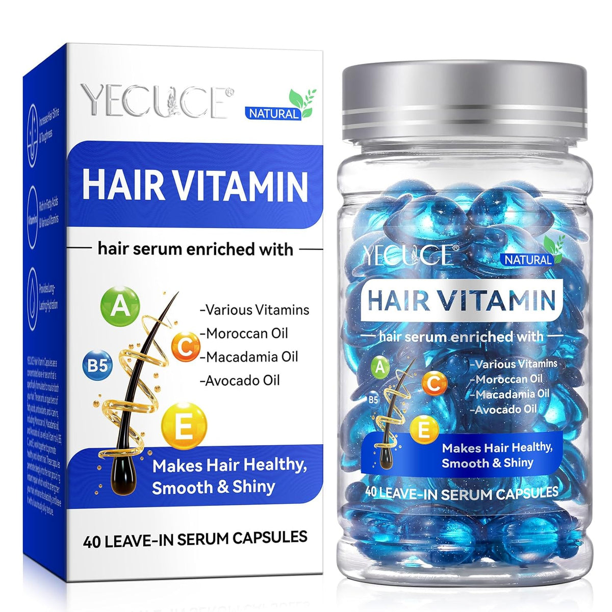 Yecuce Hair Vitamins with Vitamins Moroccan Oil , Macademia Oil & Avocado Oil 40 Leave-In Serum caps