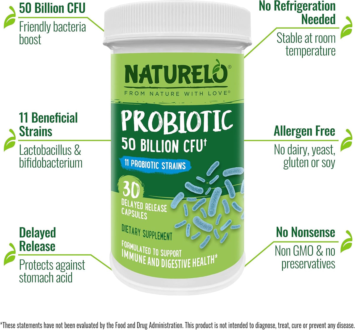 NATURELO Probiotic 50 Billion CFU 30 Delayed Release Capsules